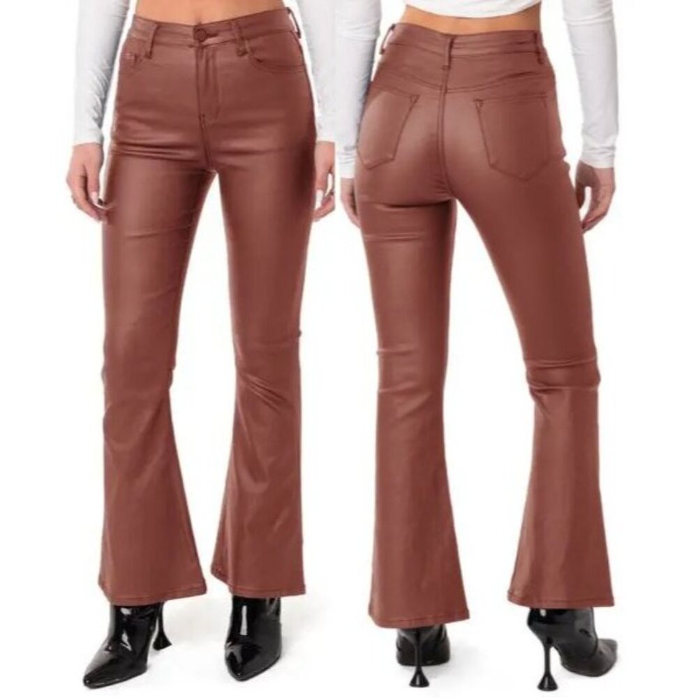 NWT Edikted Luna Faux Leather High Rise Y2K Festival 70s Flare Leg Pant Brown XS